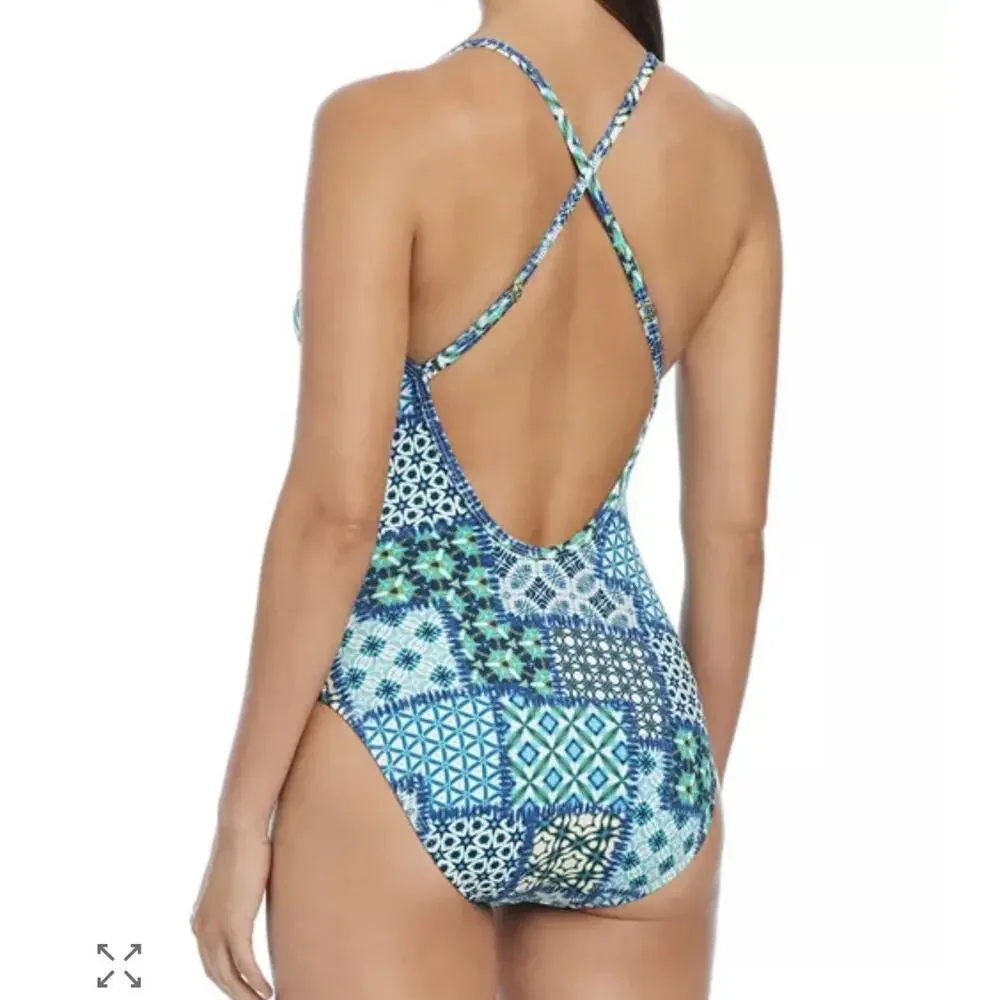Bleu Rod Beattie One-Piece Swimsuit Size 6 Cross Strap Back Blue Motif Design